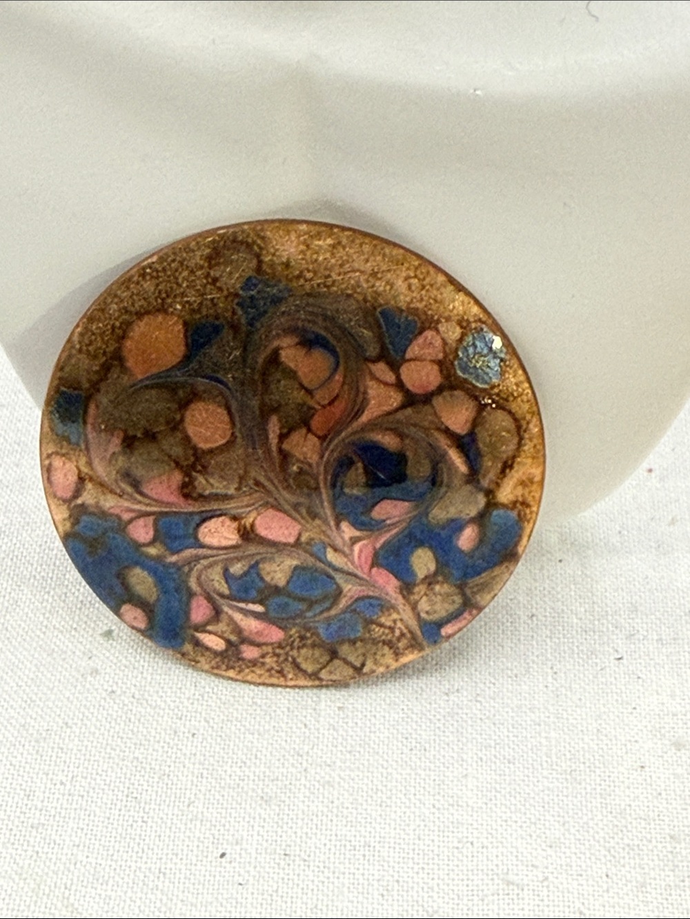 Vintage Artisan Round  Enamel on Copper Floral Motif Brooch in Blue and Pink